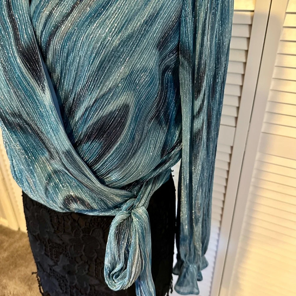 Ramy Brook Metallic Blue Wrap Blouse w/ Tie Waist - Picture 6 of 8